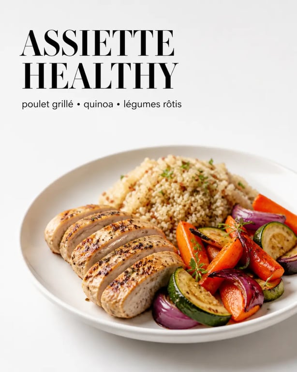 Recette healthy poulet en assiette avec poulet grillé, légumes rôtis et riz complet