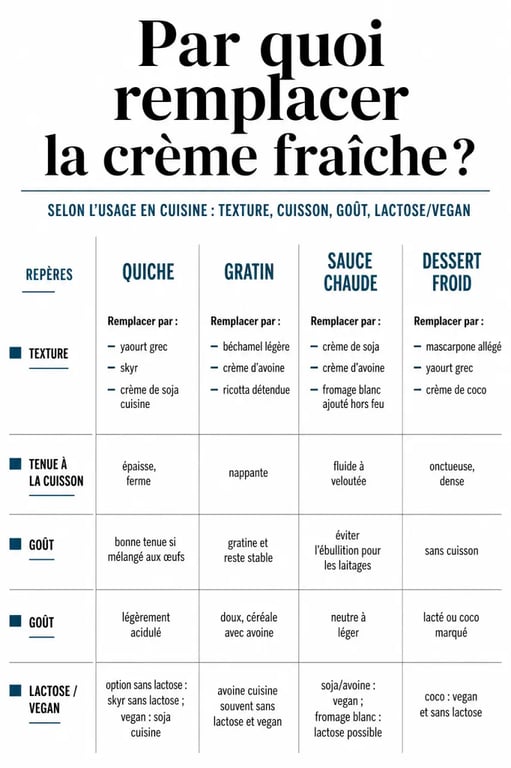 Remplacer la creme fraiche par selon le type de recette : quiche, gratin, sauce et dessert