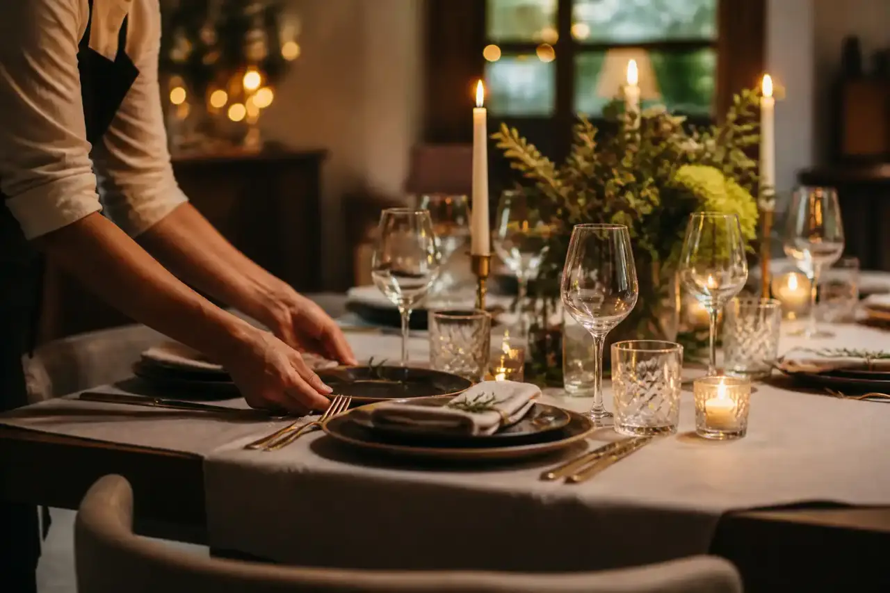 Chef dressant une assiette gastronomique sur une table rustique éclairée en lumière chaude