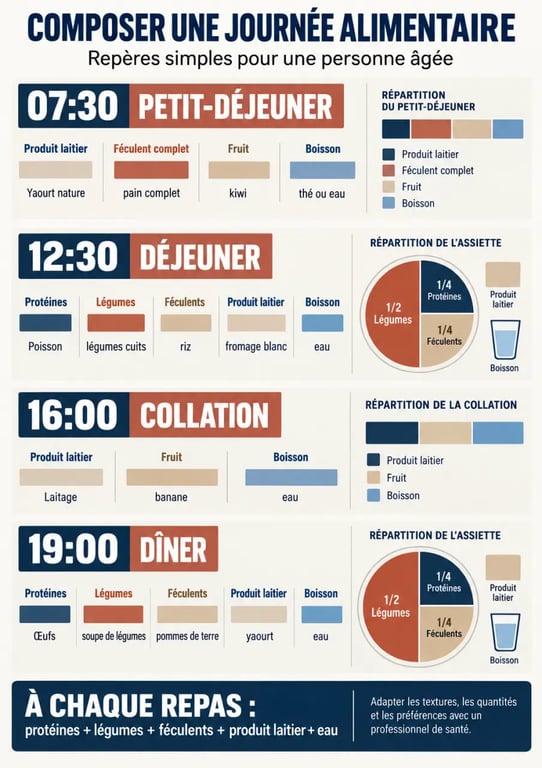 Infographie d’un menu pour une personne âgée équilibré sur une journée