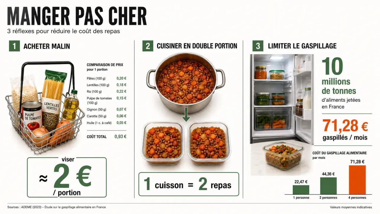 Manger pas cher : infographie des leviers pour réduire son budget alimentaire et éviter le gaspillage