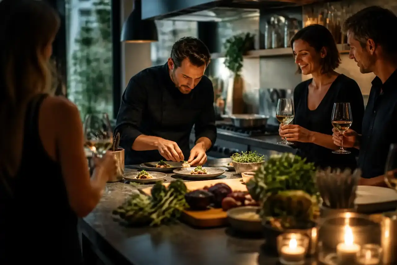 Un chef dressant avec passion un plat gastronomique à domicile