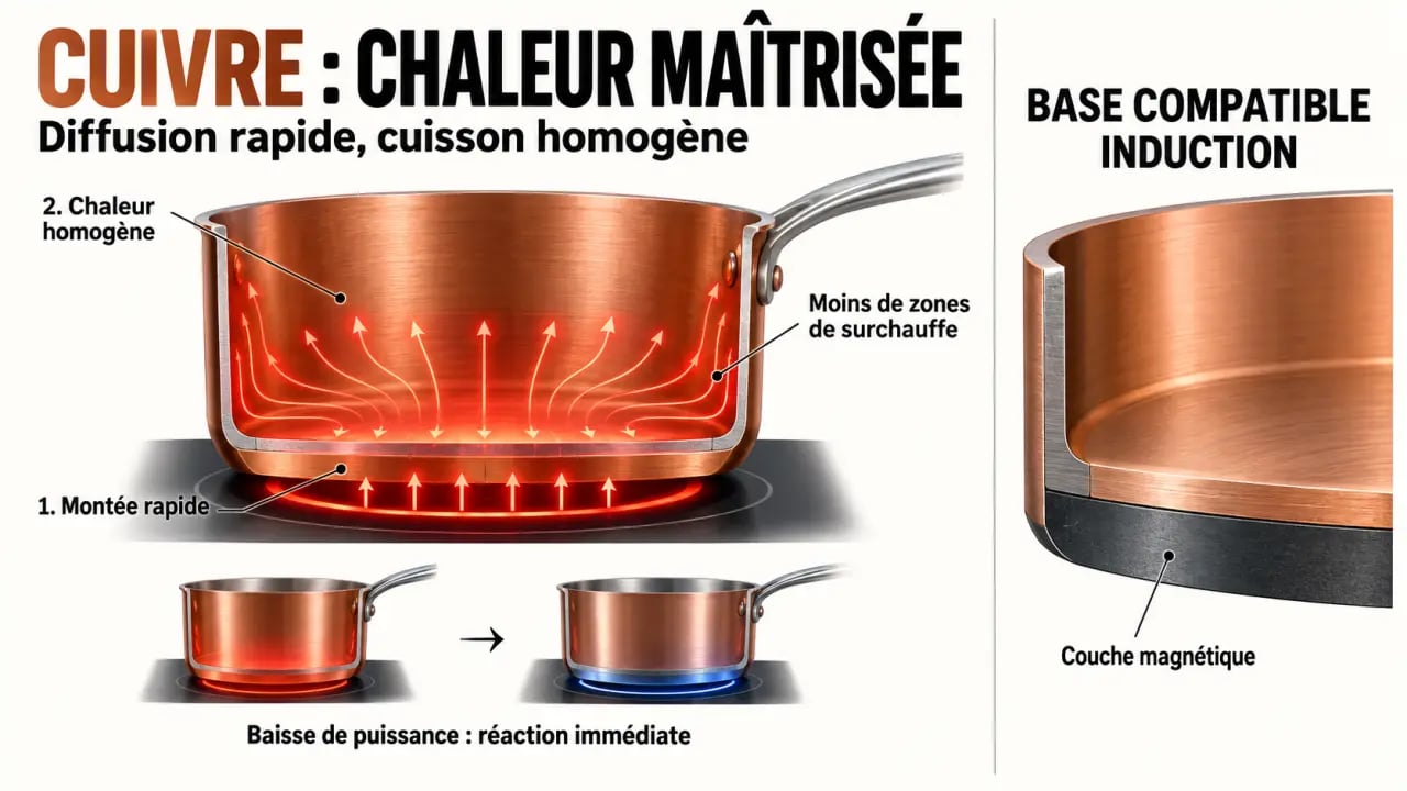 Schéma du fonctionnement thermique d’une batterie de cuisine en cuivre et de sa base compatible induction