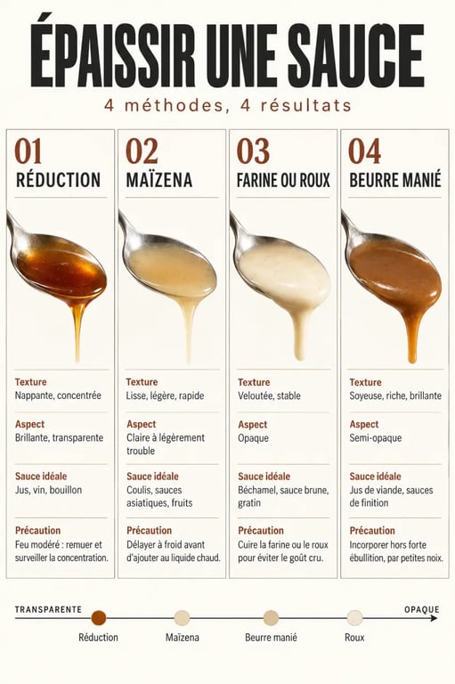 Infographie comparative pour épaissir une sauce avec réduction, Maïzena, farine et beurre manié