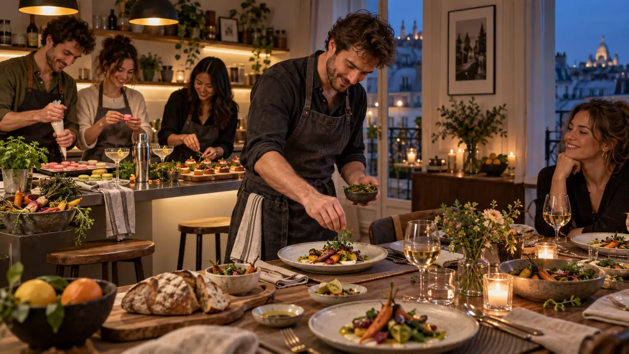 Chef dressant une assiette gastronomique sur une table en bois chaleureuse