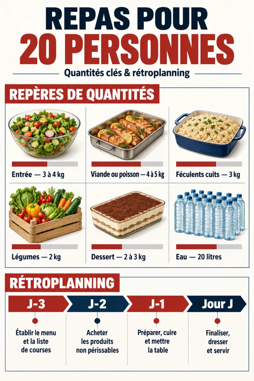Infographie des quantités et du planning pour un repas 20 personnes