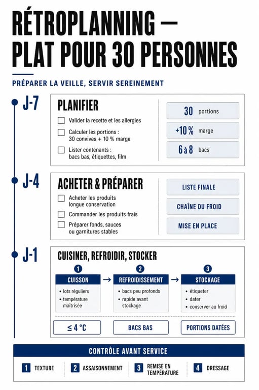 Plat pour 30 personnes à préparer la veille : rétroplanning J-7 à J-1 et repères de quantités