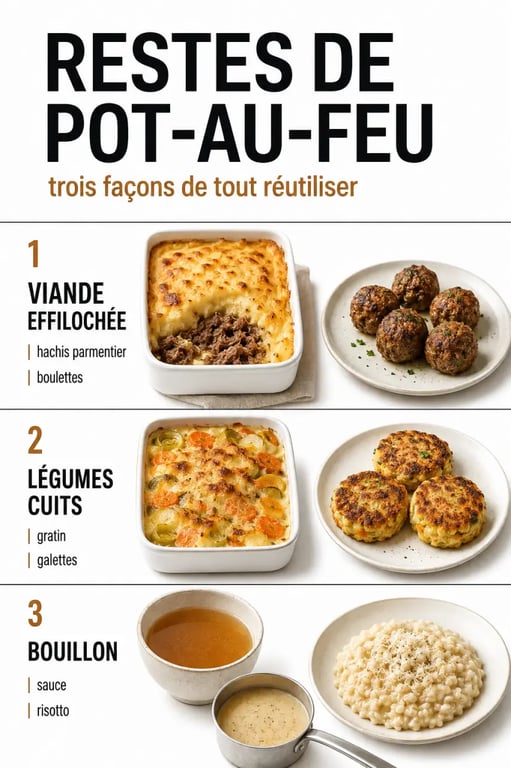 Que faire avec des reste de pot au feu : idées visuelles pour transformer viande, légumes et bouillon
