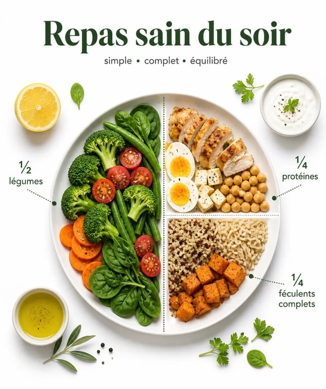 Idées repas healthy : assiette équilibrée en trois zones avec légumes, protéines et féculents