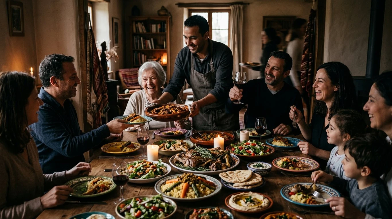 Grande table conviviale remplie de plats généreux et de convives souriants