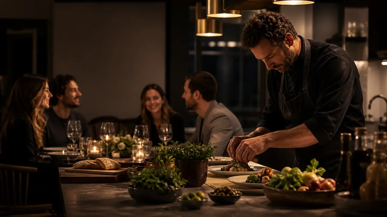Chef dressant une assiette gastronomique lors d’un dîner privé à domicile