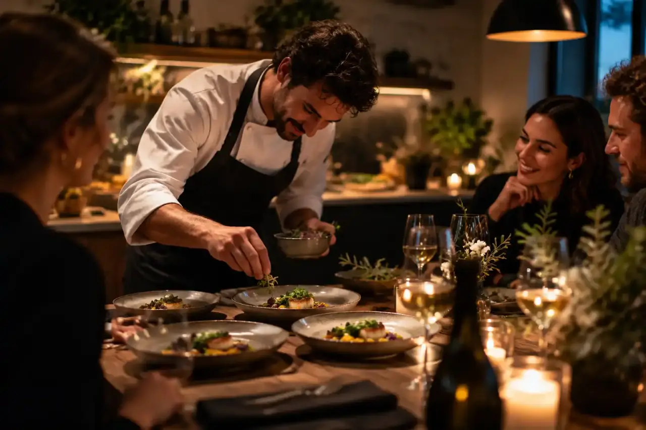 Chef dressant un plat gastronomique sur une table en bois lors d'un dîner à domicile