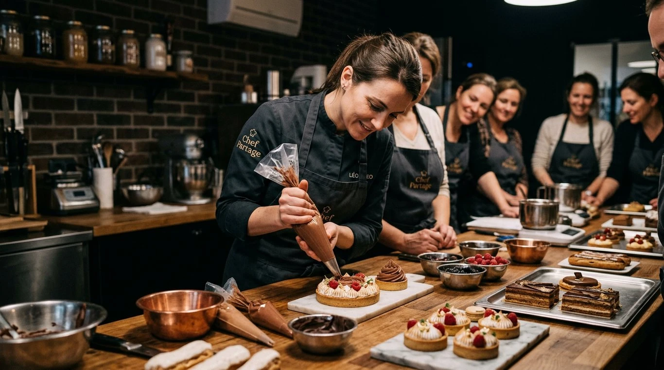 Chef pâtissière enseignant la décoration d’un gâteau élégant