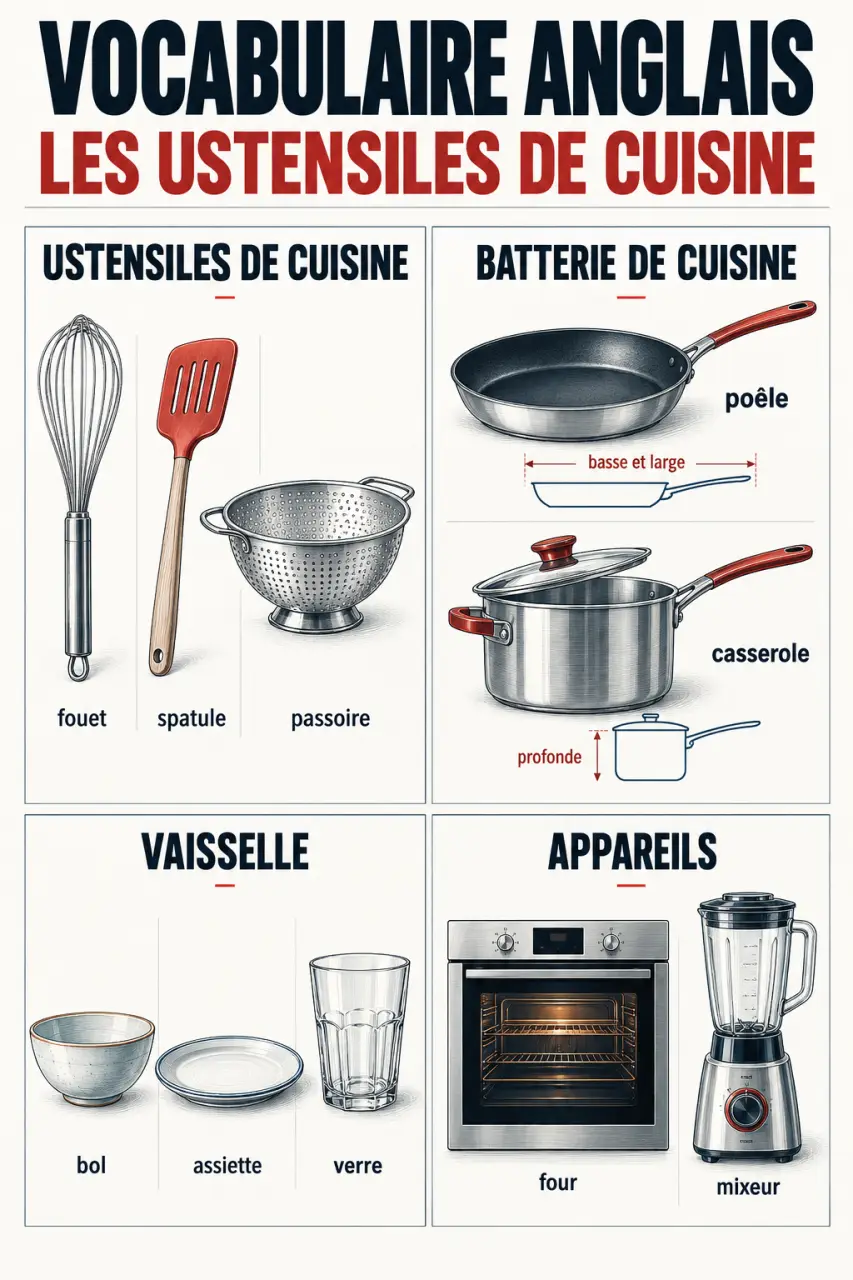 Infographie sur les ustensiles de cuisine anglais et les différences entre frying pan, saucepan, kitchen utensils et cookware