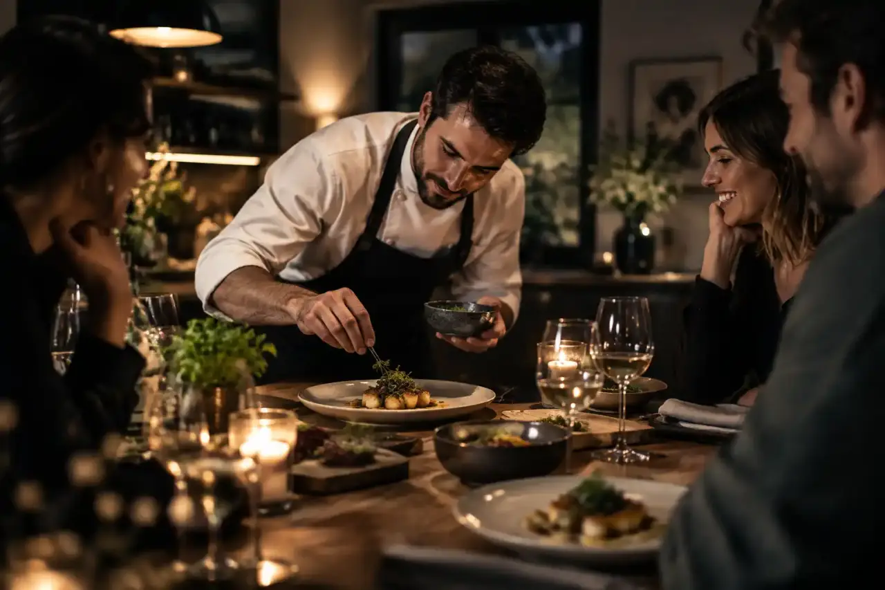 Chef privé dressant une assiette gastronomique sur une table en bois