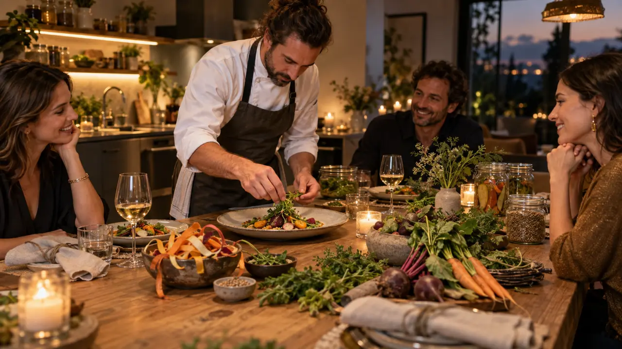 Chef dressant un plat gastronomique zéro déchet sur une table en bois