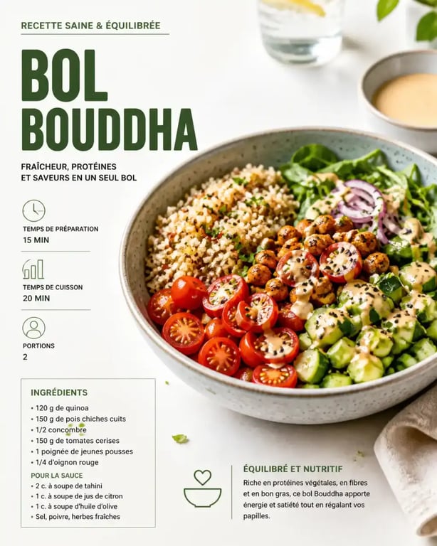 Idées repas froid : un buddha bowl complet et équilibré avec quinoa et légumes frais.