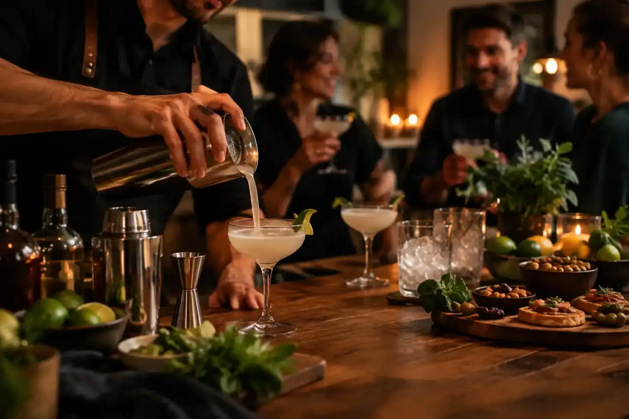 Préparation de cocktails colorés lors d'une soirée mixologie à domicile