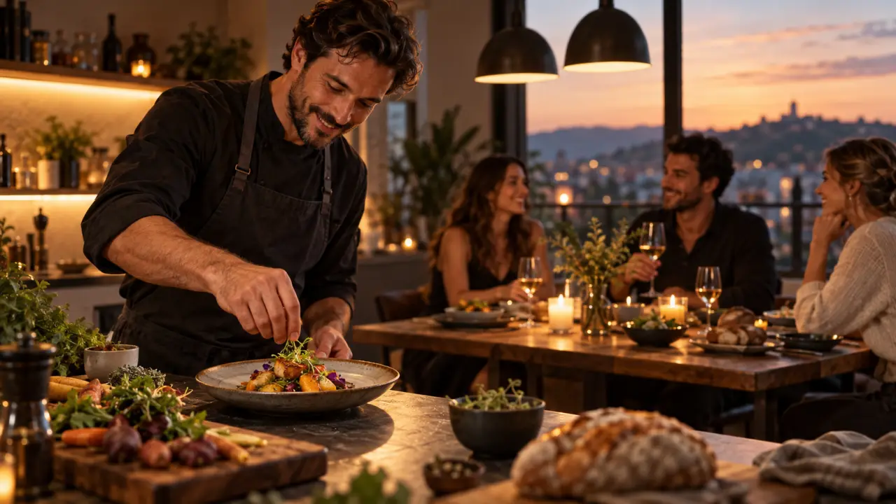 Chef à domicile dressant une assiette gastronomique autour d'une table chaleureuse
