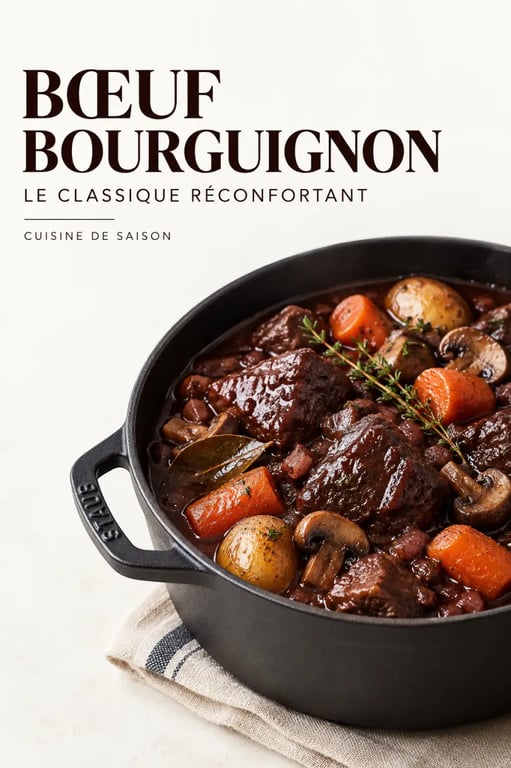 Plats mijotés recettes : bœuf bourguignon servi dans une cocotte en fonte