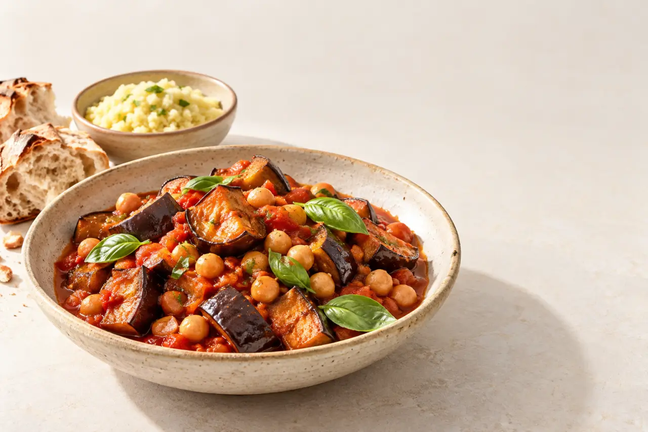 Recettes faciles avec aubergines : poêlée d’aubergines à la tomate et aux pois chiches