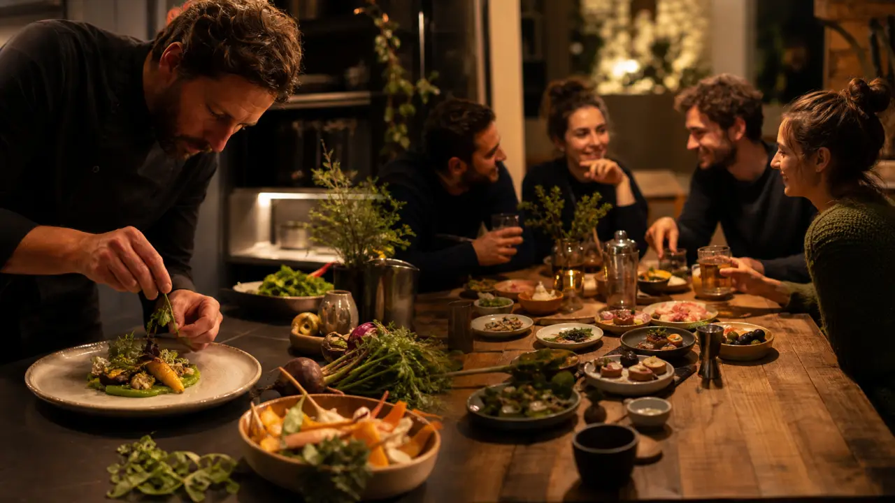 Chef privé dressant une assiette gastronomique dans une ambiance chaleureuse