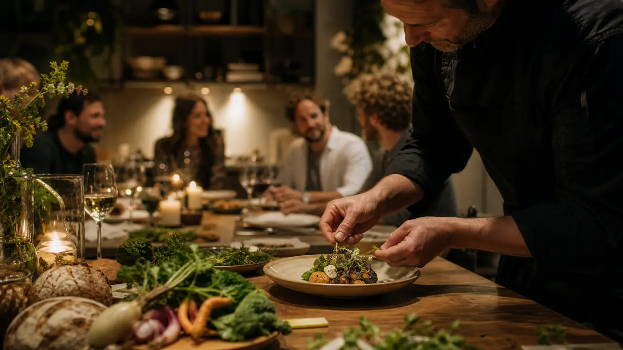 Chef à domicile dressant une assiette gastronomique