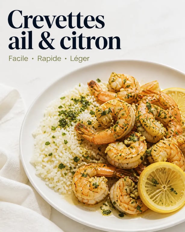 Recette avec des crevettes facile et rapide servie en assiette avec ail, citron et herbes fraîches