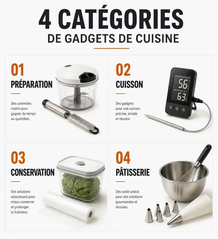 Infographie des catégories de gadgets de cuisine pour optimiser la préparation des repas