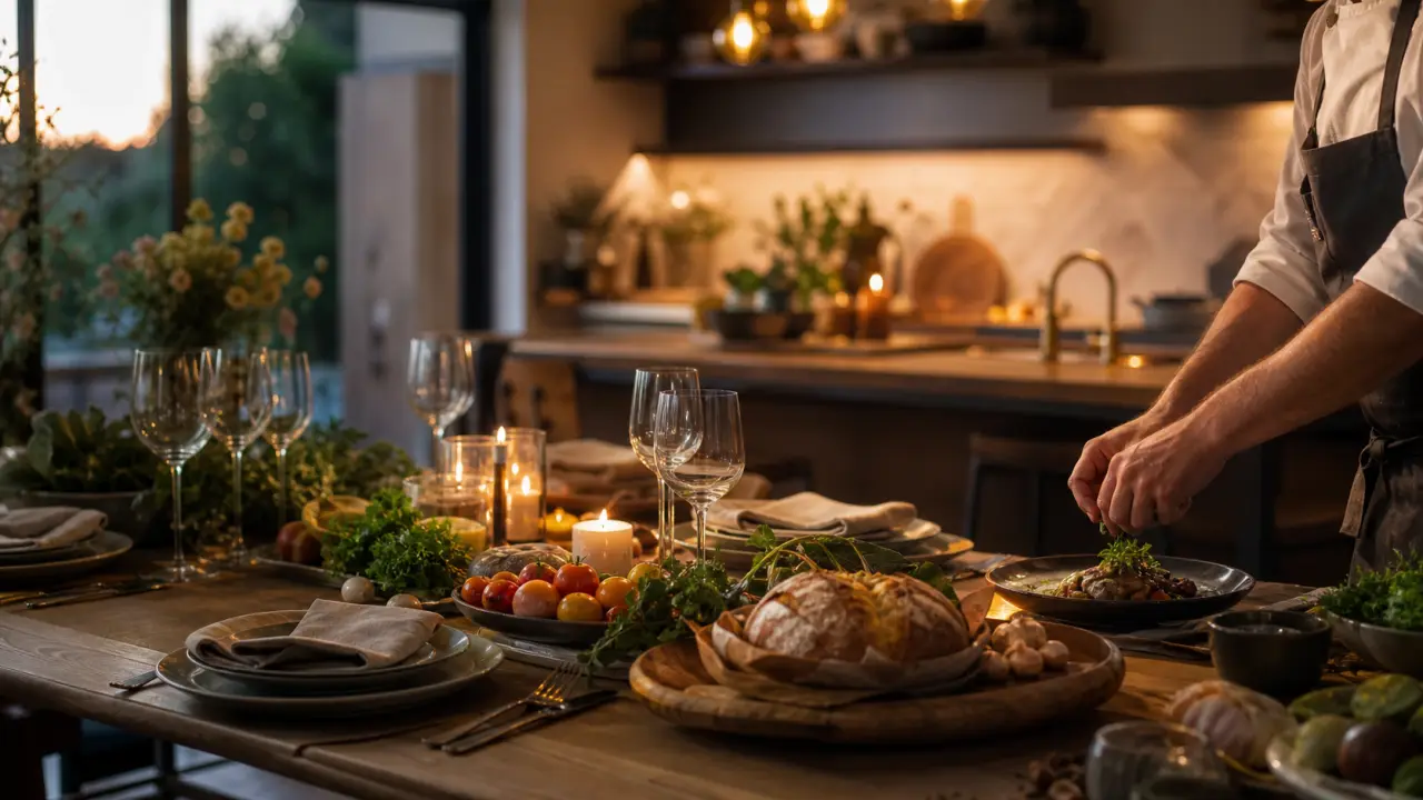 Chef dressant un plat gastronomique dans une cuisine chaleureuse à domicile