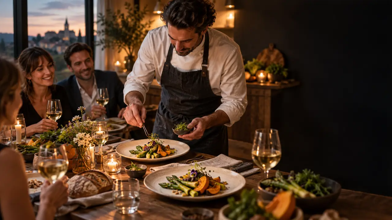 Chef à domicile dressant un menu de saison autour de légumes frais