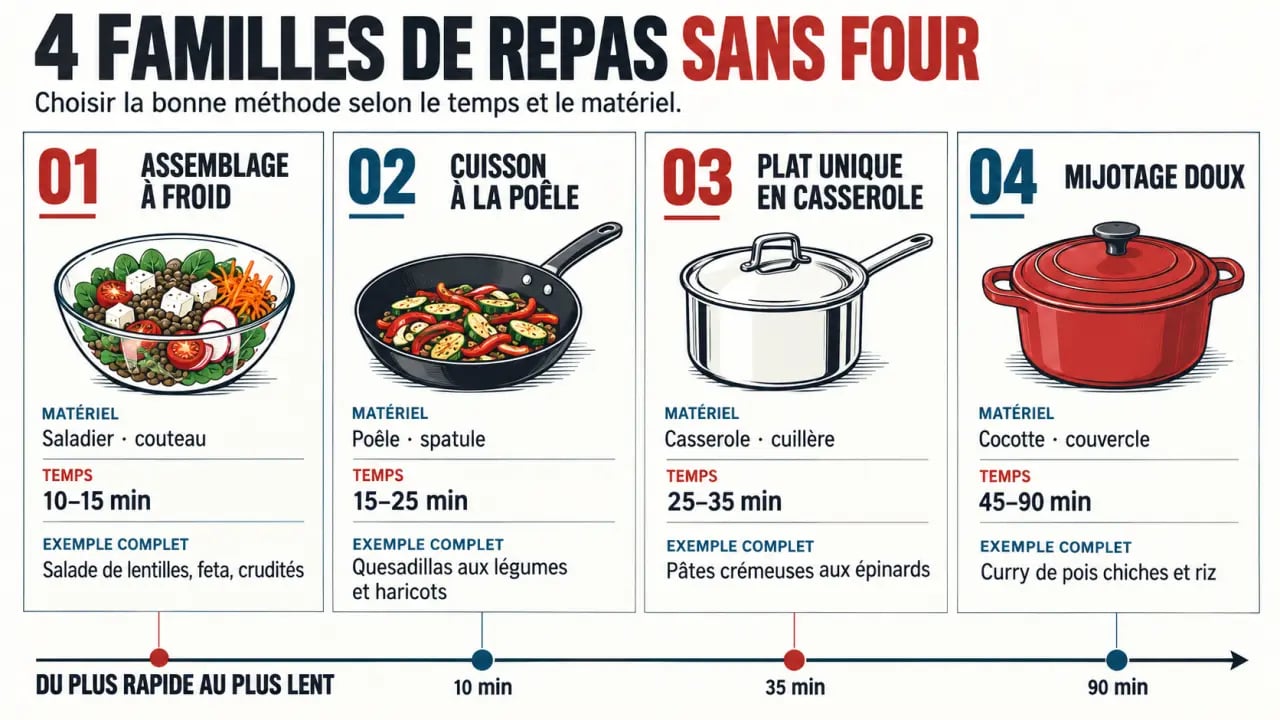Infographie des options de repas sans four selon le matériel et le temps de préparation