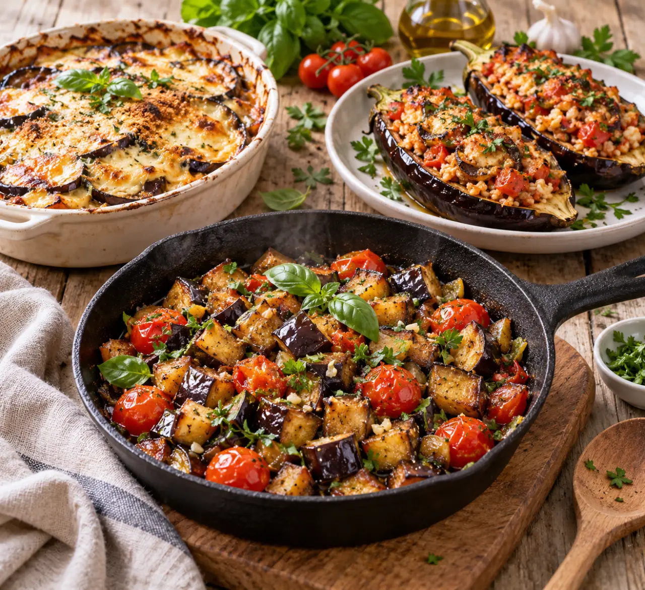 Recettes faciles avec aubergines : une poêlée express, un gratin fondant et des farcies au riz