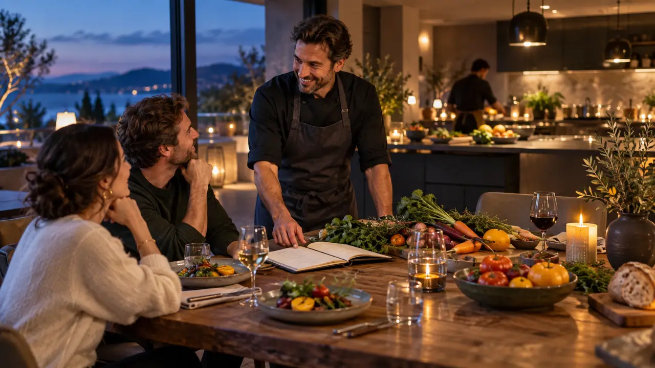 Chef à domicile dressant une assiette gastronomique sur une table chaleureusement décorée