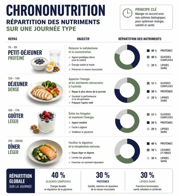 Répartition des repas dans un menu chrononutrition pour une personne de 1m60