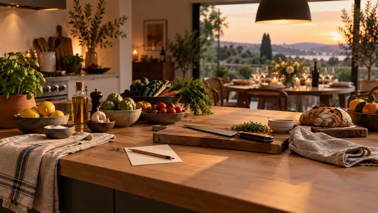 Chef à domicile dressant une assiette gastronomique dans une cuisine chaleureuse