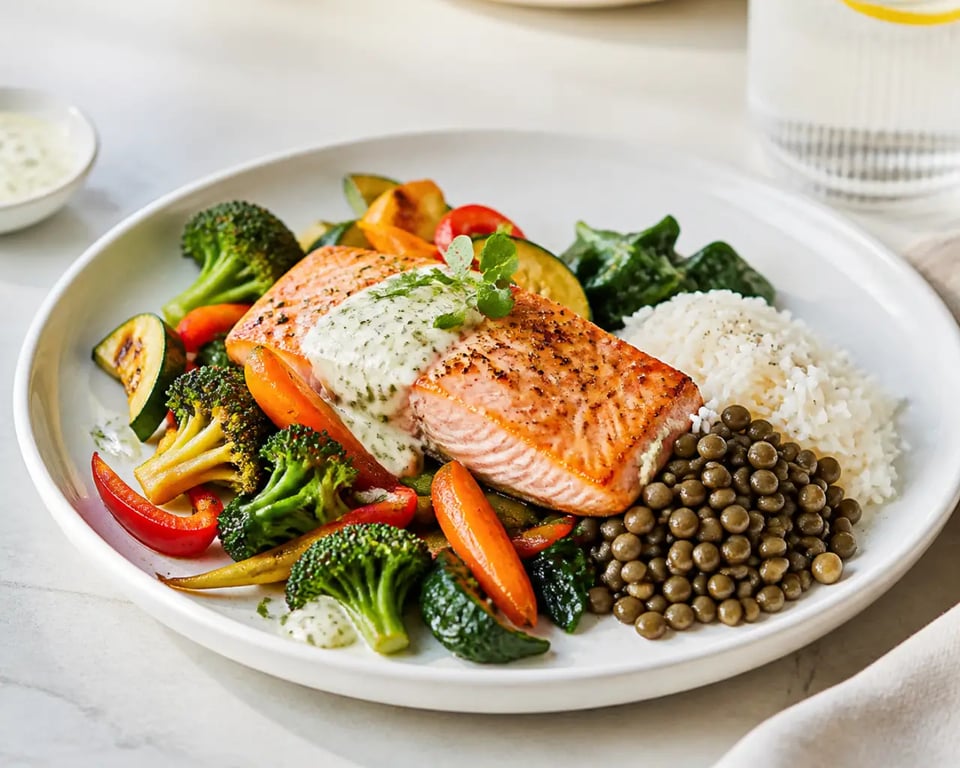 Recette ig bas plat principal : assiette composée équilibrée avec légumes, protéines et riz basmati