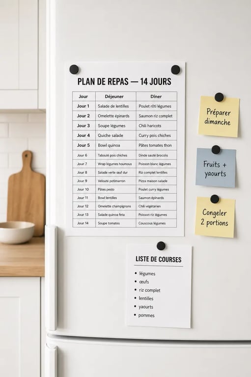 14 menus pour manger sainement pdf : planning de repas imprimé de 14 jours sur le réfrigérateur