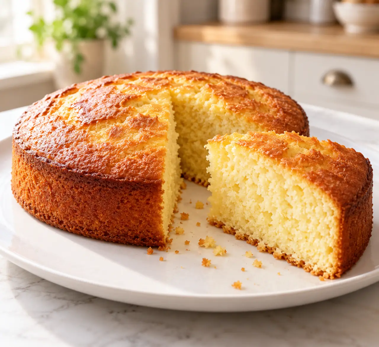 Recette de gateau natur : gâteau nature moelleux doré présenté en parts