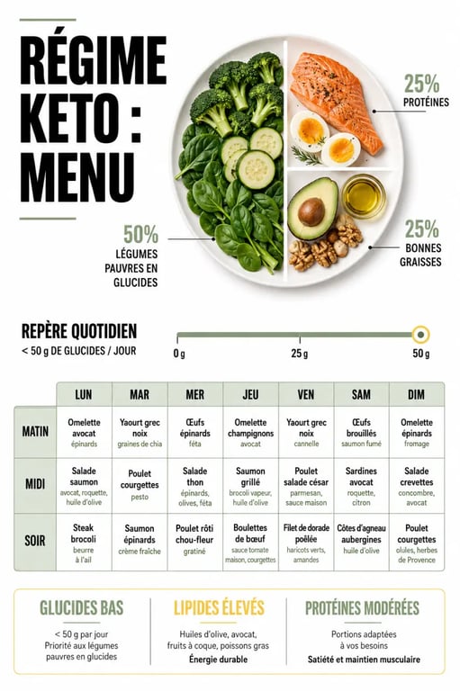 Infographie du régime keto menu montrant l’assiette cétogène, le seuil de glucides et un aperçu des repas de la semaine