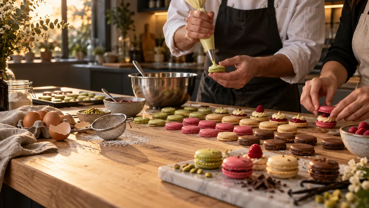 Atelier macarons convivial organisé dans une cuisine à domicile