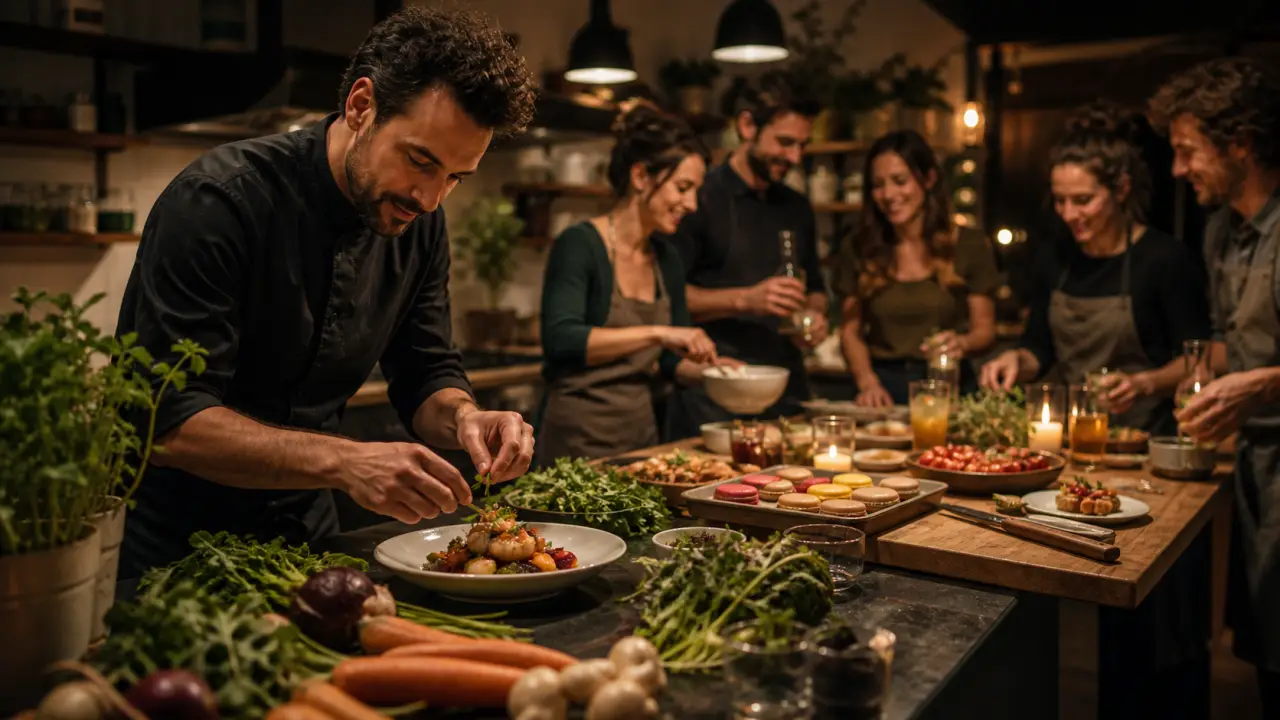 Chef dressant un plat gastronomique sur une table en bois rustique