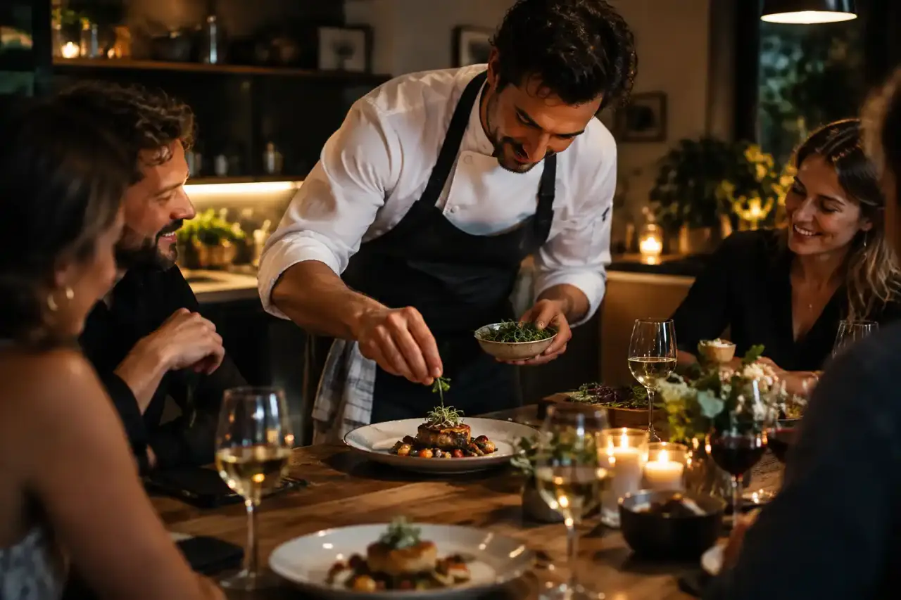 Chef préparant un plat gastronomique à domicile sur une table en bois