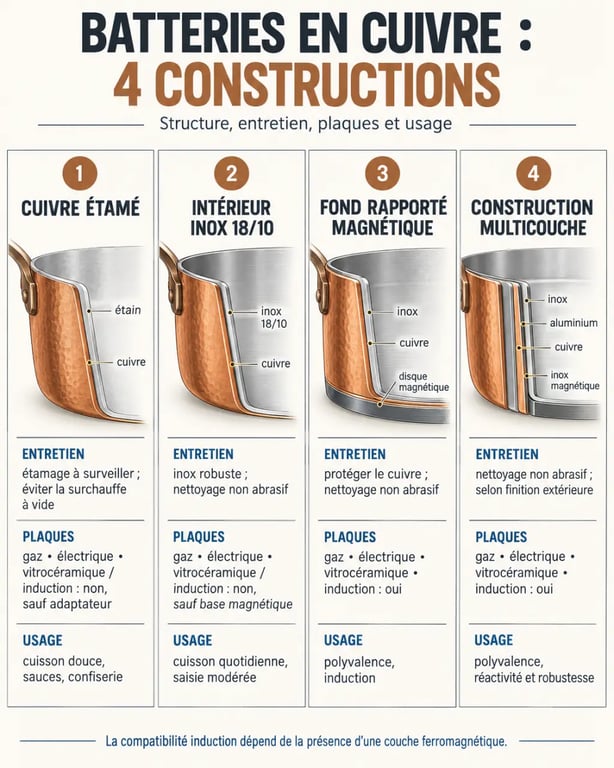 Infographie comparative des constructions d’une batterie de cuisine en cuivre étamé, inox, fond magnétique et multicouche