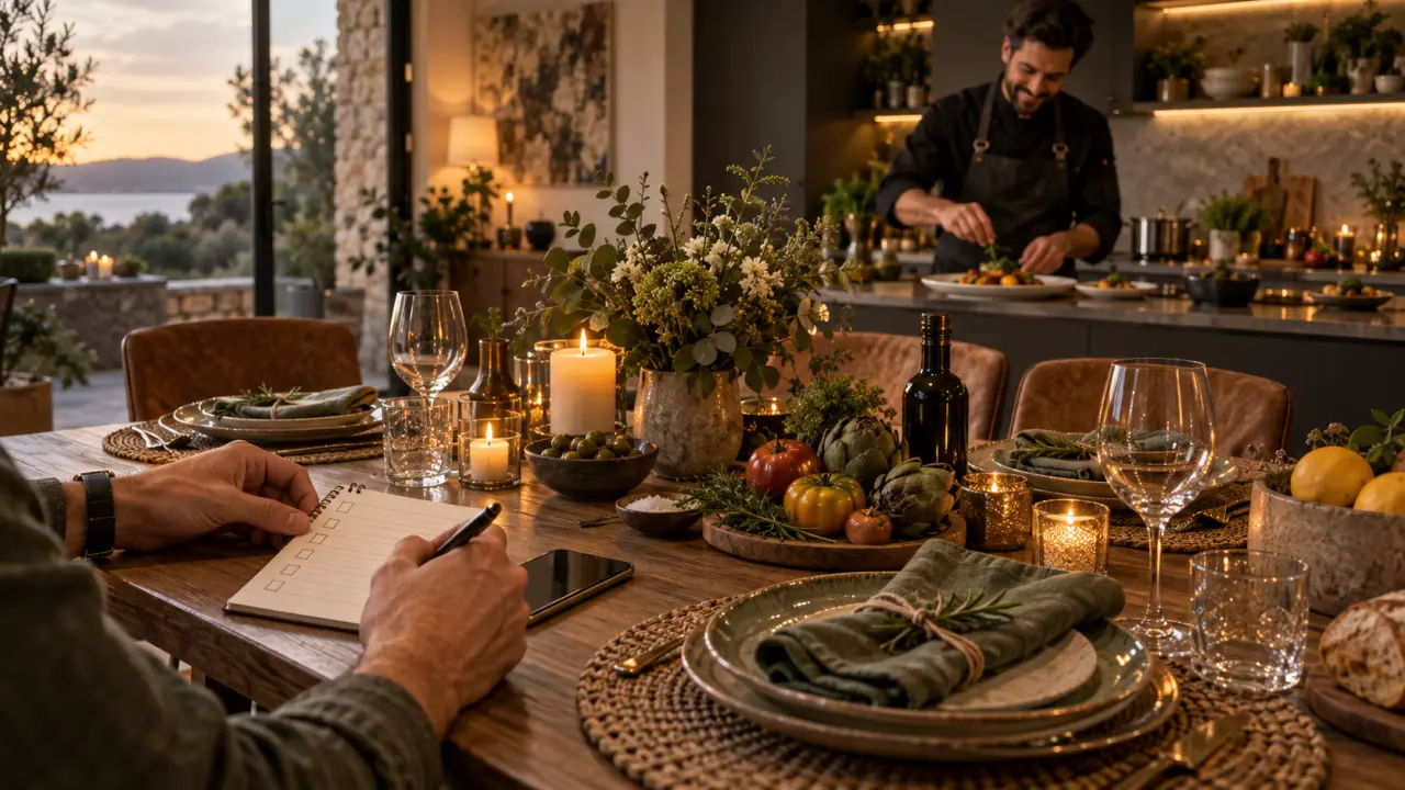 Chef privé dressant une assiette gastronomique sur une table conviviale