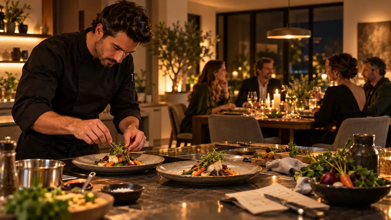 Chef privé dressant une assiette gastronomique sur une table chaleureusement dressée