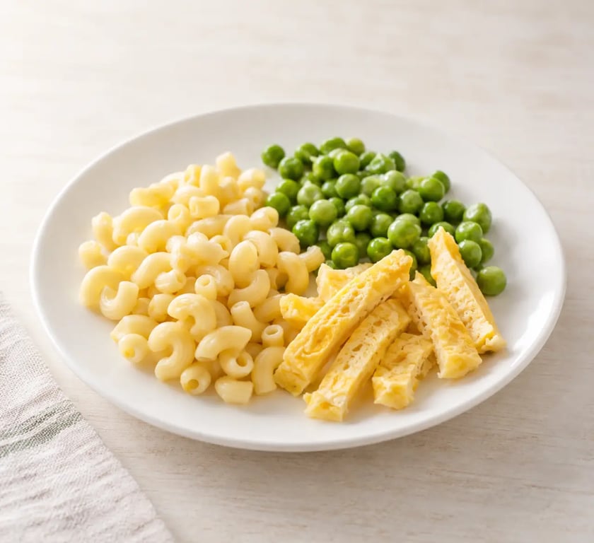 Recette rapide bébé 2 ans avec coquillettes, petits pois et omelette