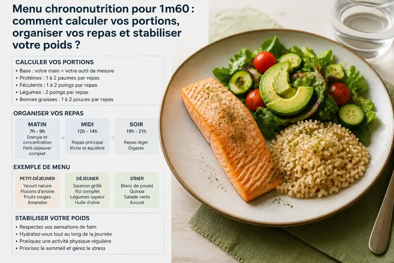 Menu chrononutrition pour 1m60 : comment calculer vos portions, organiser vos repas et stabiliser votre poids ?
