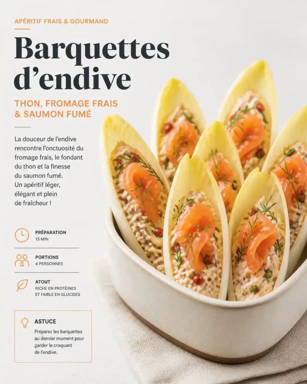 Feuilles d'endive apéritif garnies de rillette thon-fromage frais dressées debout sur un plateau