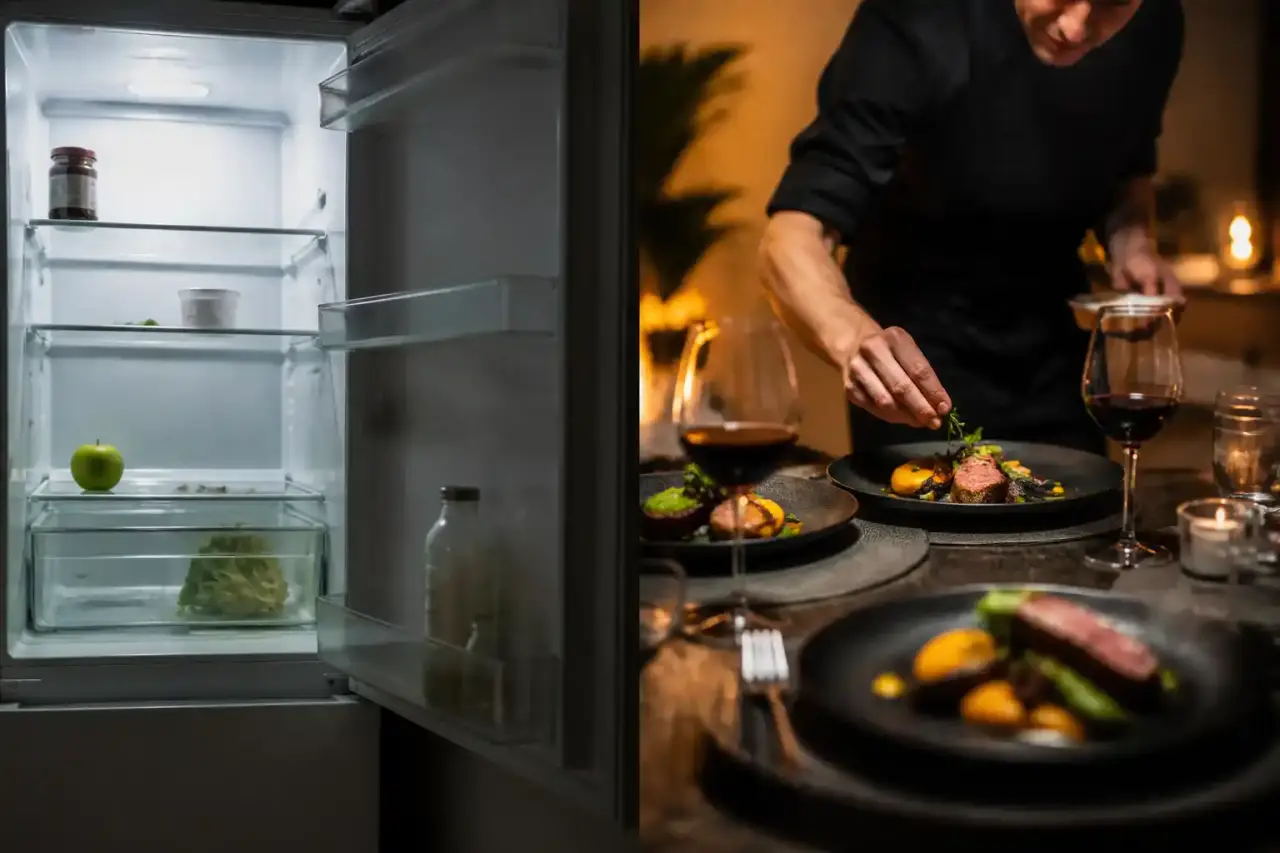 Chef dressant un plat gastronomique à domicile dans une lumière chaleureuse